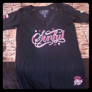 Sinful T-shirt with gemstone and lace accents!NWOT